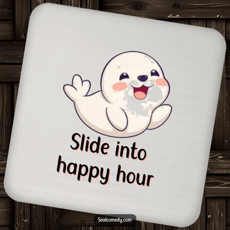 Funny seal pup captured mid-belly slide with a delighted smile, adorning a drink coaster for a touch of seaside humor.