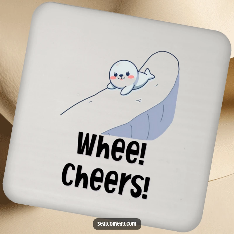Funny drink coaster depicting a seal sliding down a wet surface, adding a humorous and protective touch to any table setting.