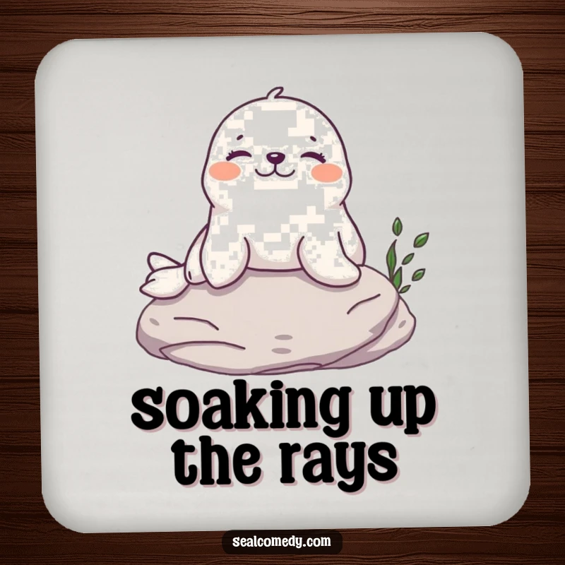 Funny Seal Coasters: A content seal sunbathing on a rock, showcasing a humorous and protective design for your drinks.