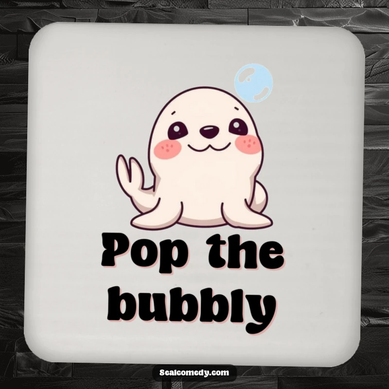 Funny Seal Coaster: A seal with a silly smile honking its nose at a bubble. Protects surfaces with humor, a cute funny gift.