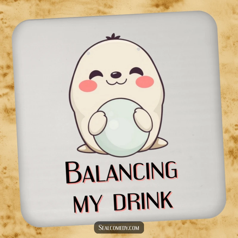 Funny smiling seal drink coasters, depicting a happy seal balancing a ball on its nose, ideal for protecting surfaces humorously.