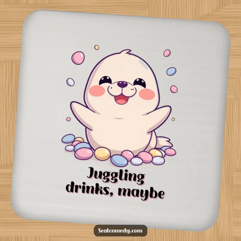 Funny seal drink coaster featuring a seal with a wide grin juggling shiny pebbles, protecting surfaces with playful humor.