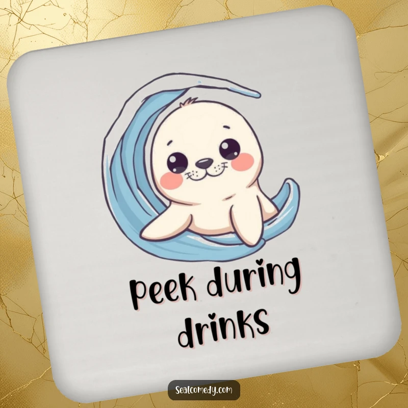 Funny seal drink coasters featuring a curious creature peeking its head out from a wave, adding playful charm.