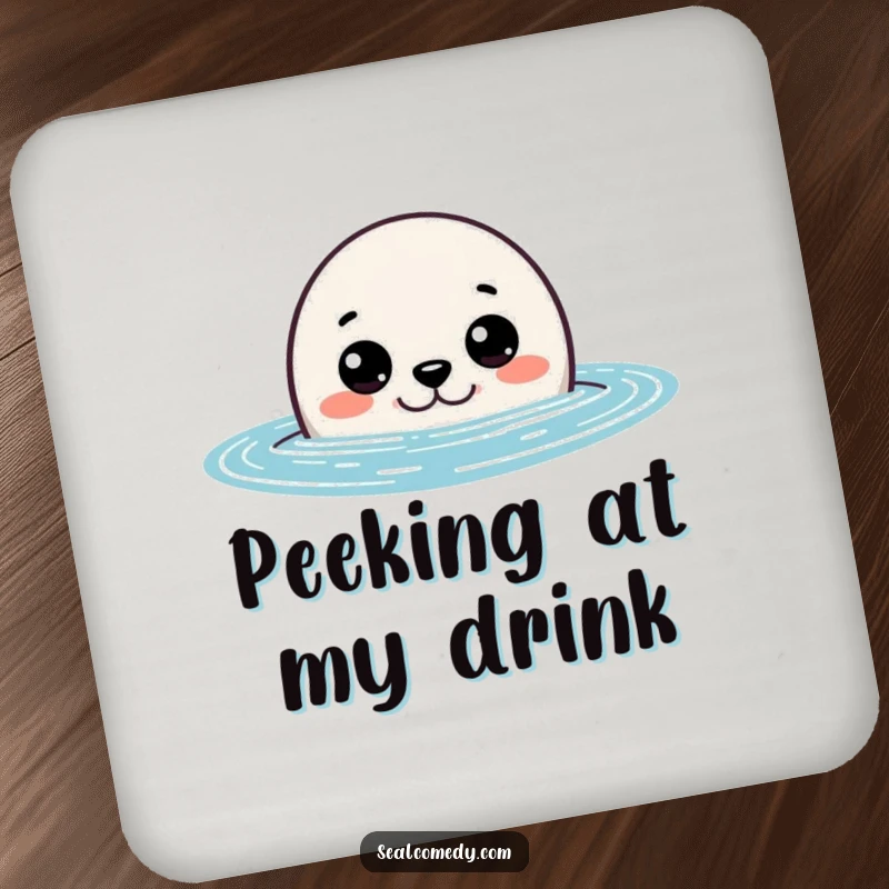 Funny seal drink coaster with a curious seal peeking out of the water with wide eyes, adding humor and protecting surfaces.