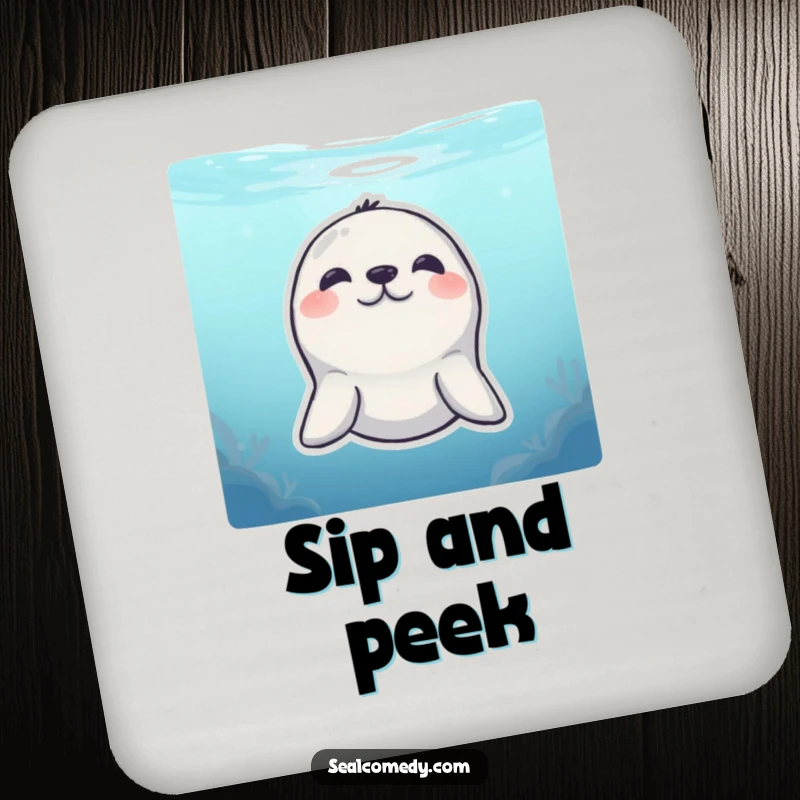 Funny Coaster: A shy seal peeks from underwater with a smile, offering humorous surface protection.