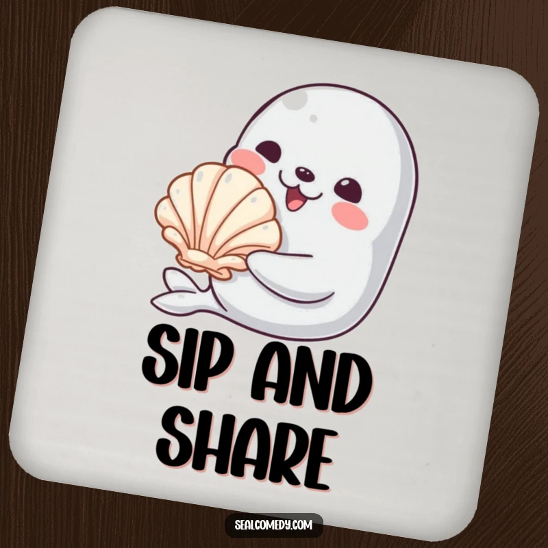 Funny drink coaster showcasing a smiling seal offering a shiny seashell, adding a touch of thoughtful humor and charm to any setting.