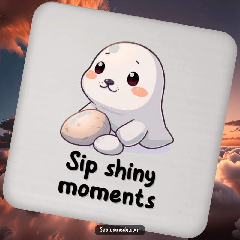 Funny Coaster: A seal nudges a shiny pebble with its snout, offering humorous surface protection with curiosity.