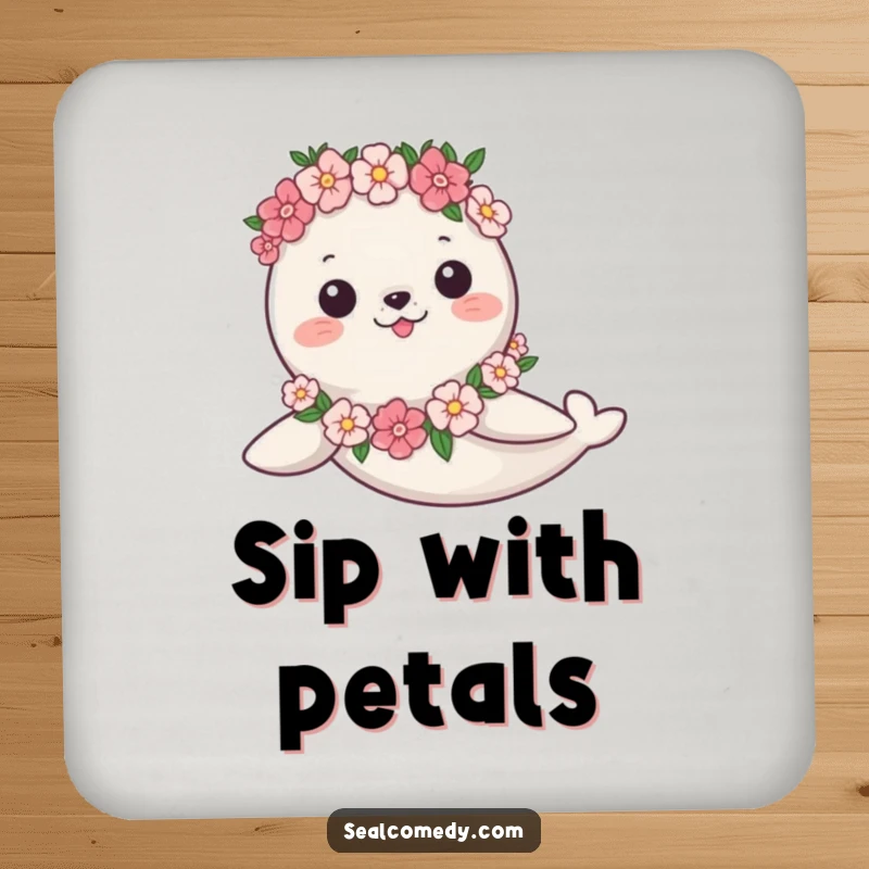 Funny Coaster: A seal in a flower garland swims gracefully, offering humorous surface protection.