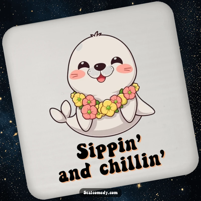 Funny happy seal coaster adorned with a seaweed lei, adding a cheerful and tropical touch to any table setting.