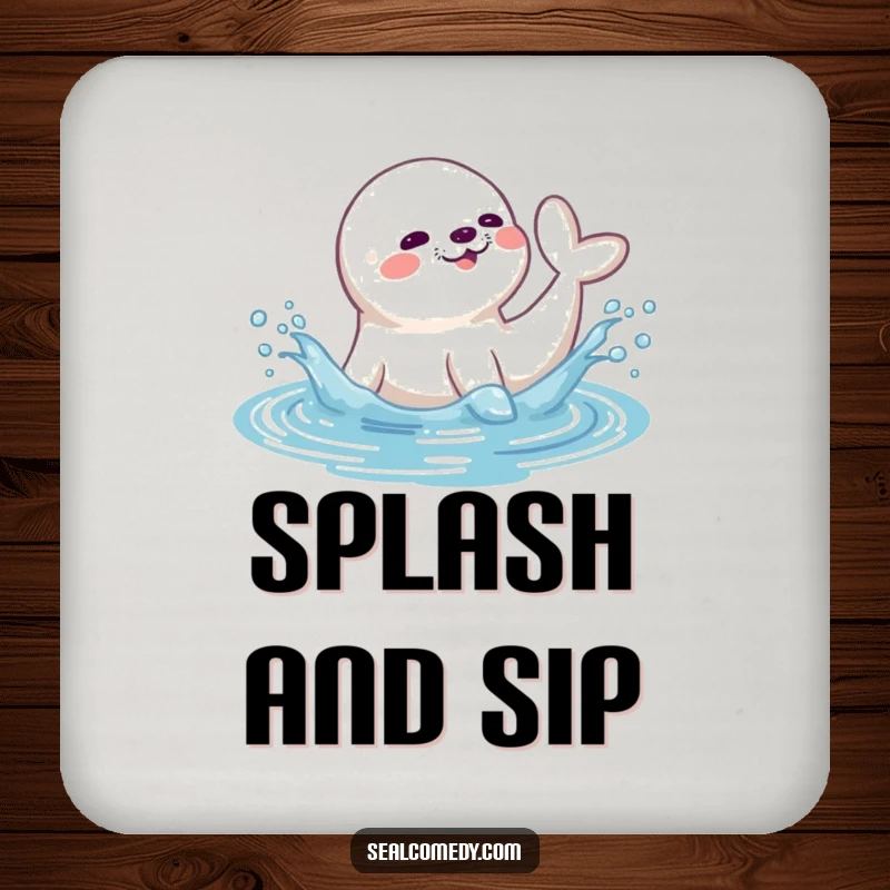 Funny seal coaster with a playful seal splashing water with its tail, protecting tables with aquatic charm and humor.