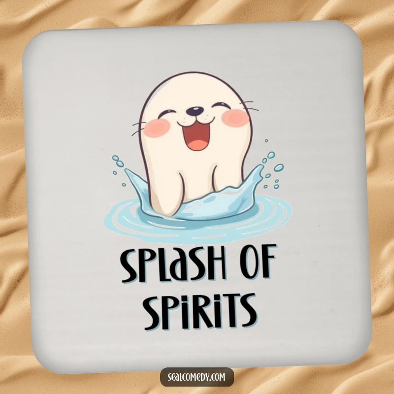 Funny seal coaster giggling as it pops its head out of the water with a splash, a joyful marine mammal.