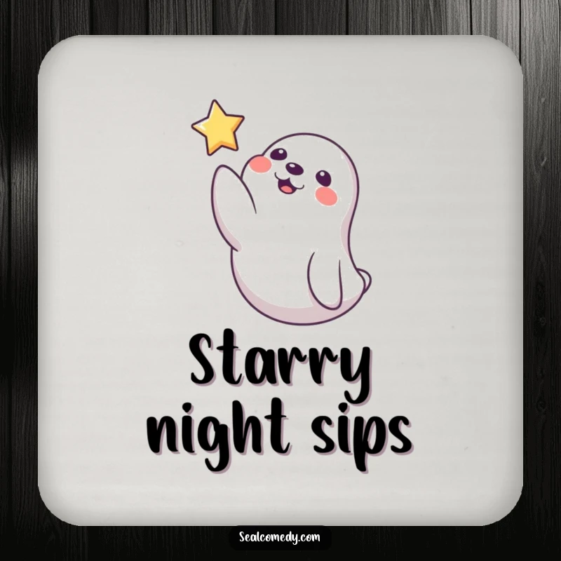 Funny Seal Coaster: A playful seal reaches a flipper towards a floating star, adding whimsical charm and surface protection.