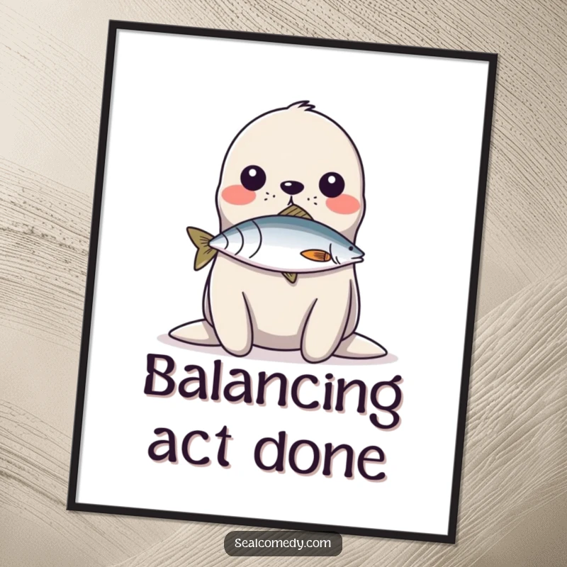 Funny Poster: A seal balances a fish on its nose, a humorous and impressive display of aquatic talent.