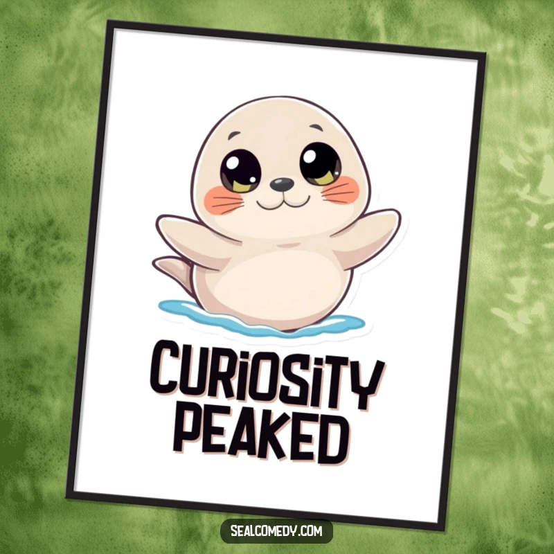 Funny poster print of a seal with big, inquisitive eyes, offering a friendly wave, creating a sense of connection and charm.