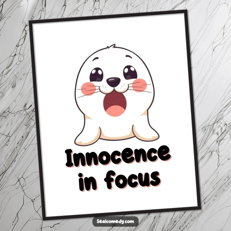 Funny poster featuring an excited seal with incredibly wide, innocent eyes, radiating pure curiosity and excitement.