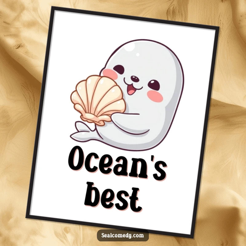 Funny poster print of a seal character smiling warmly while offering a shiny seashell, bringing a touch of thoughtfulness and cheer.