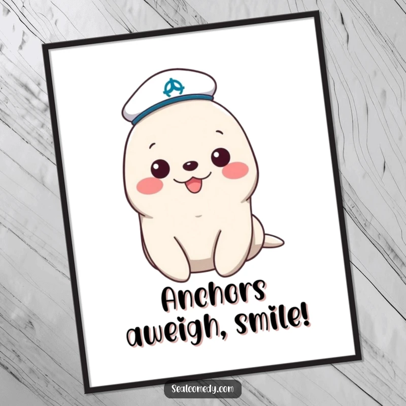 Funny sailor seal poster art with a tiny hat, exuding cheerful maritime vibes and adorable personality, perfect for nautical-themed decor.