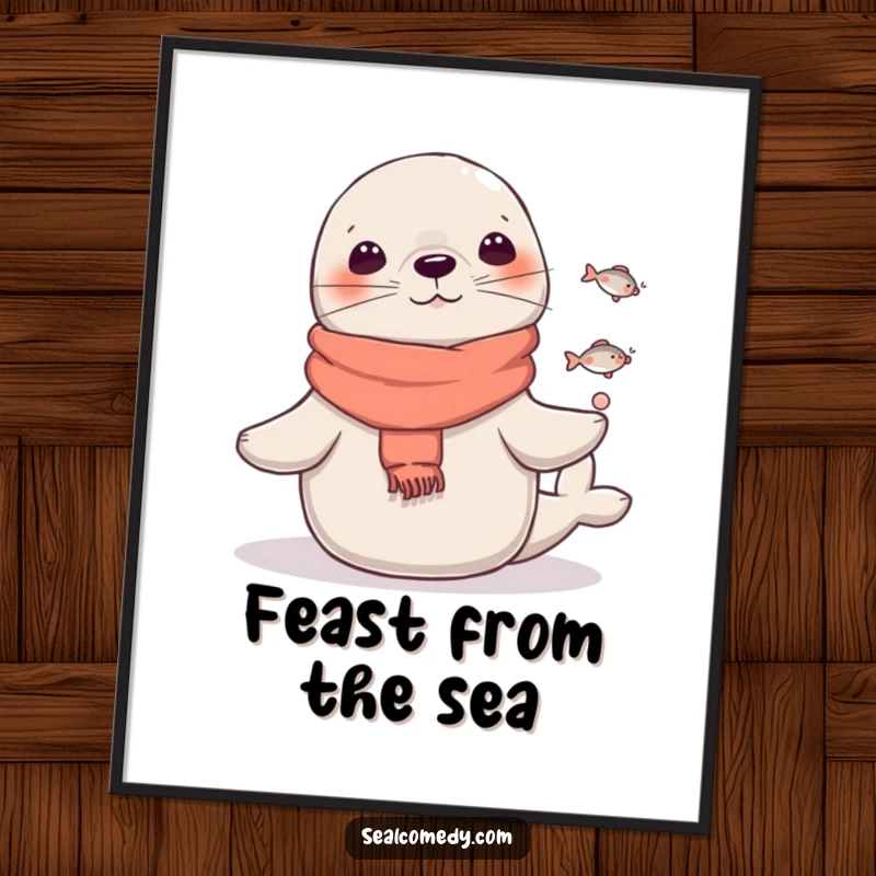 Funny Seal Poster: A seal wearing a scarf juggles tiny fish, creating a humorous and captivating piece of circus-themed wall art. Funny gift.