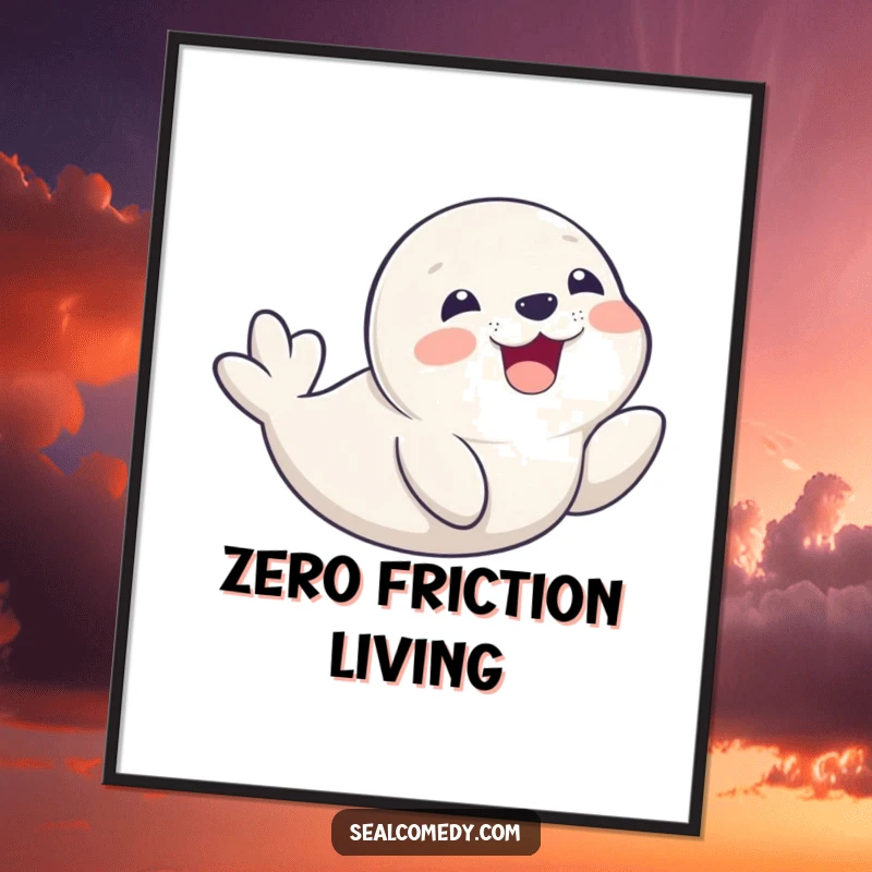 Funny seal pup with a delighted smile, captured mid-belly slide, creating a joyful and humorous piece of wall art.