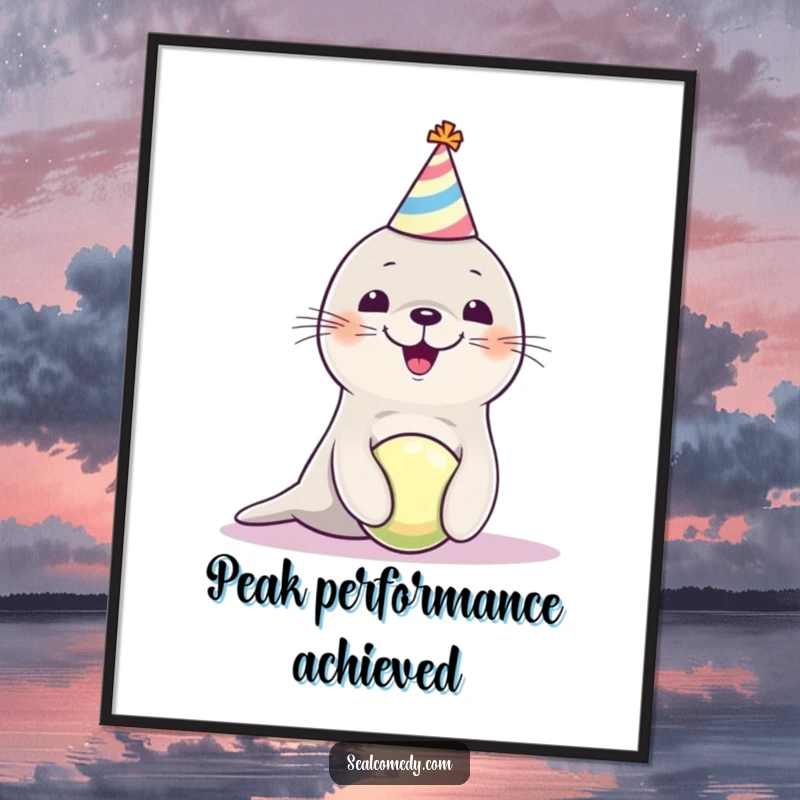 Funny seal pup wearing a party hat, majestically balancing a ball, creating a humorous and celebratory piece of wall art.