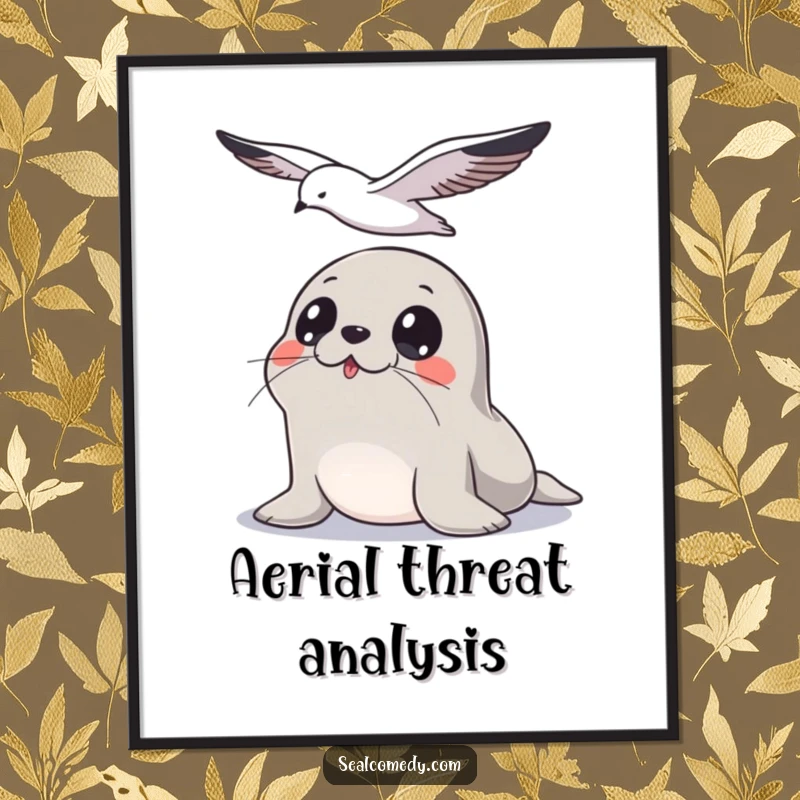 Funny Seal Poster: A seal with wide, focused eyes watches a seagull fly overhead, capturing a moment of humorous vigilance.