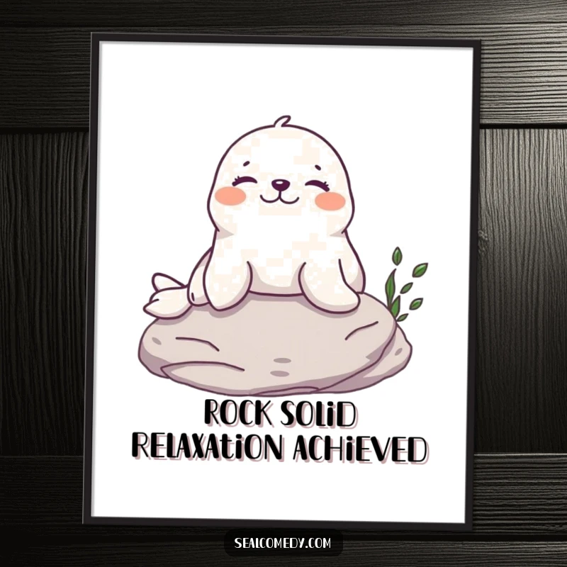 Funny Seal Poster: A content seal with a happy expression sunbathes on a rock, radiating humorous tranquility.