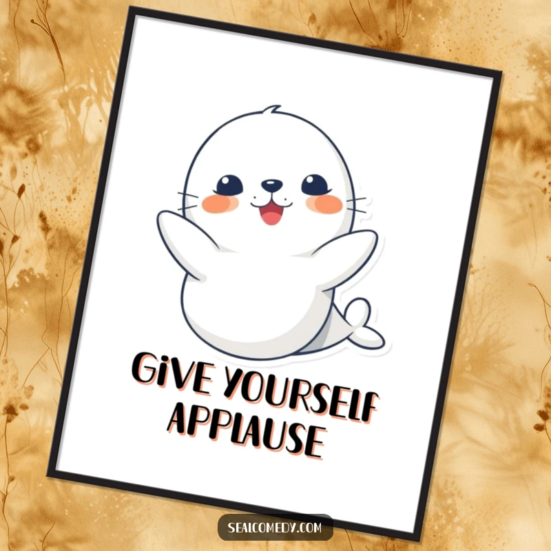 Funny cute seal poster, showing a happy seal clapping its flippers, adding a touch of ocean joy to any room.
