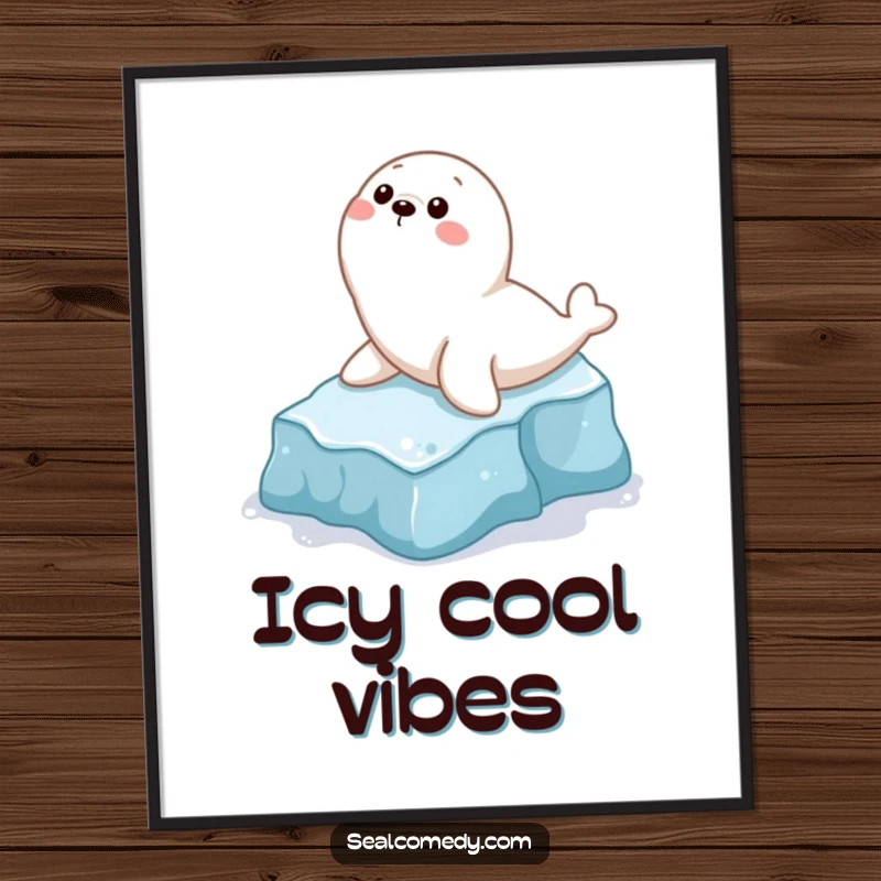 Funny poster displaying a playful seal character making a hilarious slide down a small icy slope, capturing pure winter fun.
