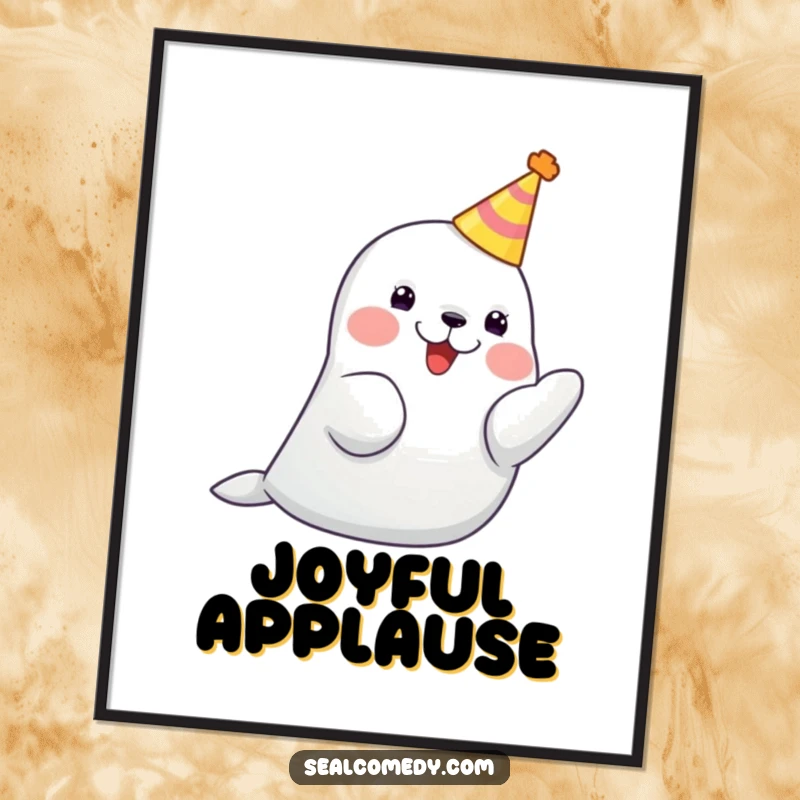 Funny seal in a tiny party hat, joyfully clapping its flippers together, perfect for party decor.
