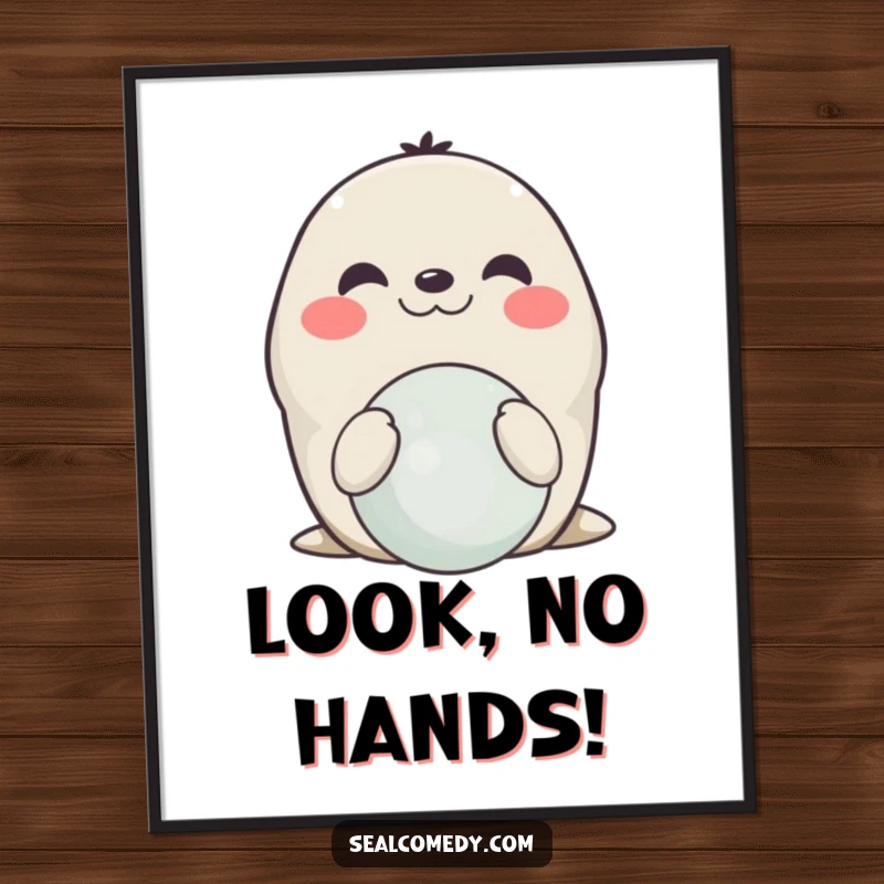 Funny smiling seal poster, showing a happy seal perfectly balancing a ball on its nose, a delightful piece of art.