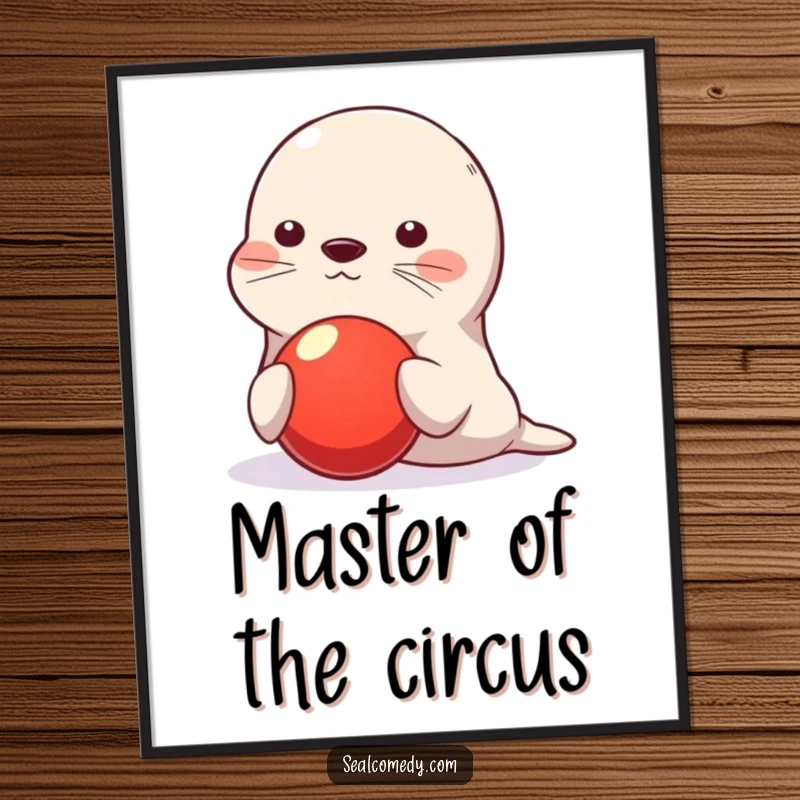 Funny seal poster, cute character balancing red ball on nose, playful humorous wall art, skillful illustration, perfect funny gift for seal enthusiasts.