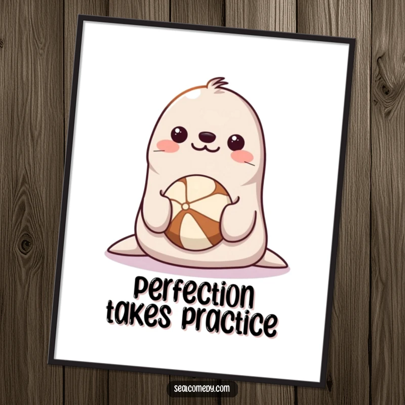 Funny Seal Poster: A happy seal with a smiling face balancing a colorful ball on its nose, a captivating performance.