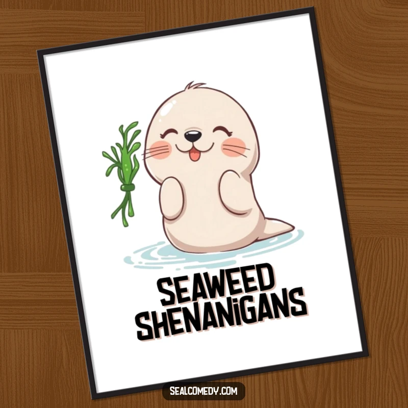 Funny poster art depicting a seal energetically batting at a piece of seaweed, capturing playful ocean moments with humorous charm.