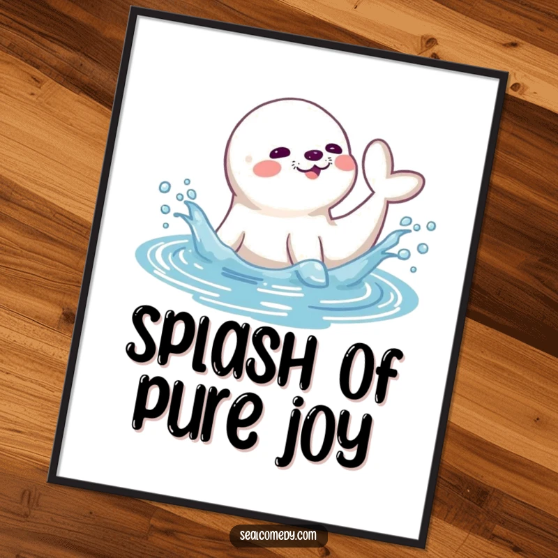 Funny seal poster depicting a playful seal splashing water with its tail, embodying carefree aquatic joy and fun.