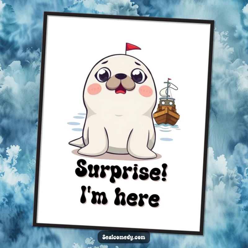 Funny surprised seal poster, capturing a seal's comical wide-eyed stare at a boat, adding humor and personality to decor.