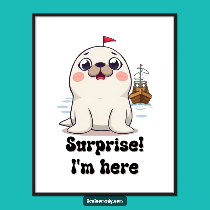 Funny Surprised Seal Poster: Wide-Eyed Boat Reaction Art, Perfect Funny Gift Decor