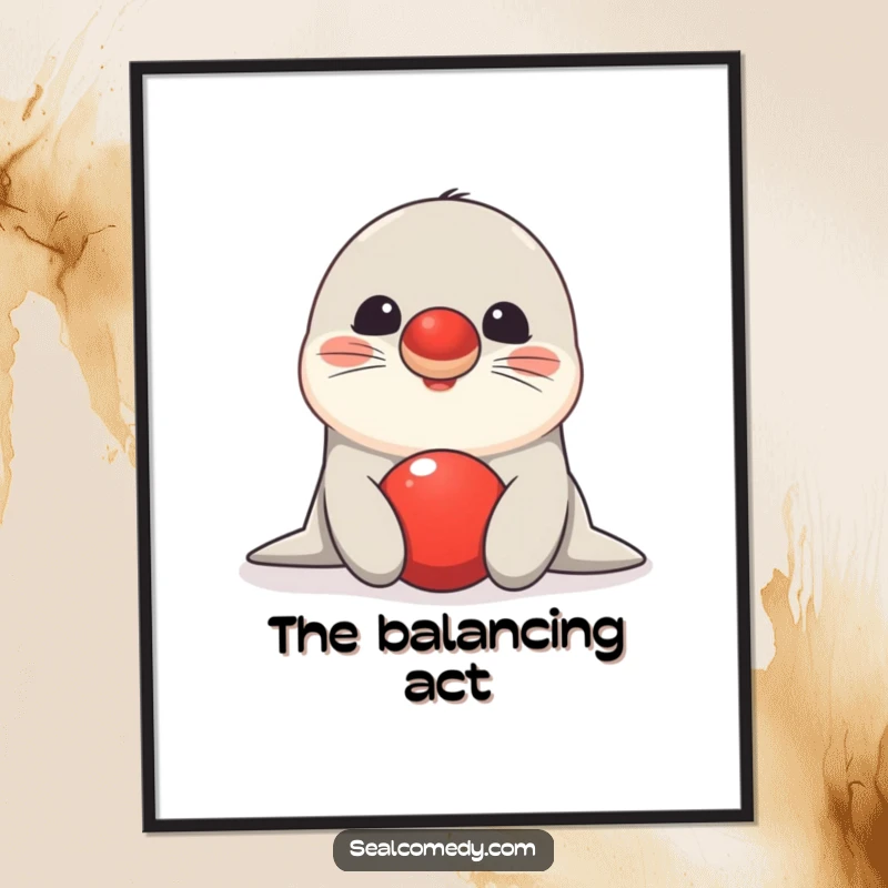 Funny seal poster of a happy marine animal skillfully balancing a red ball on its nose, symbolizing impressive focus and fun.