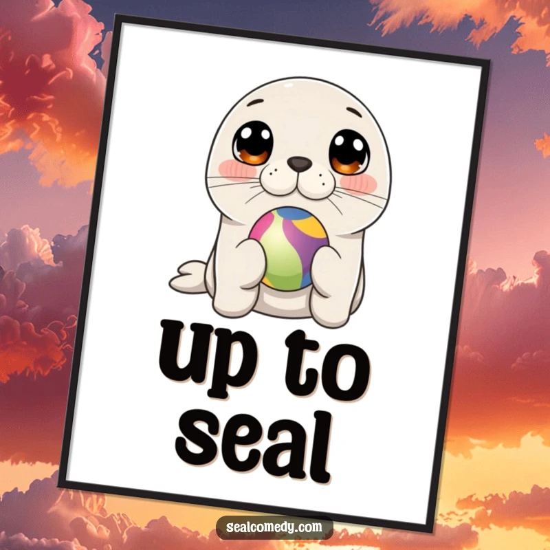Funny seal with big, curious eyes, expertly balancing a colorful ball on its nose, presented as delightful wall art.