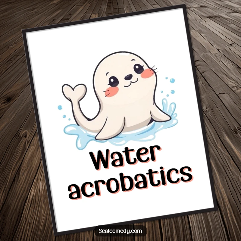 Funny seal with a playful tail flick, splashing in sparkling water, a vibrant and humorous art print.