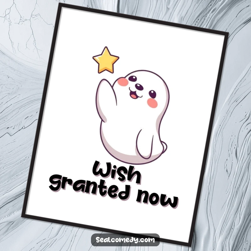 Funny Seal Poster: A playful seal extends a flipper towards a glowing star icon floating in the distance, sparking imagination.