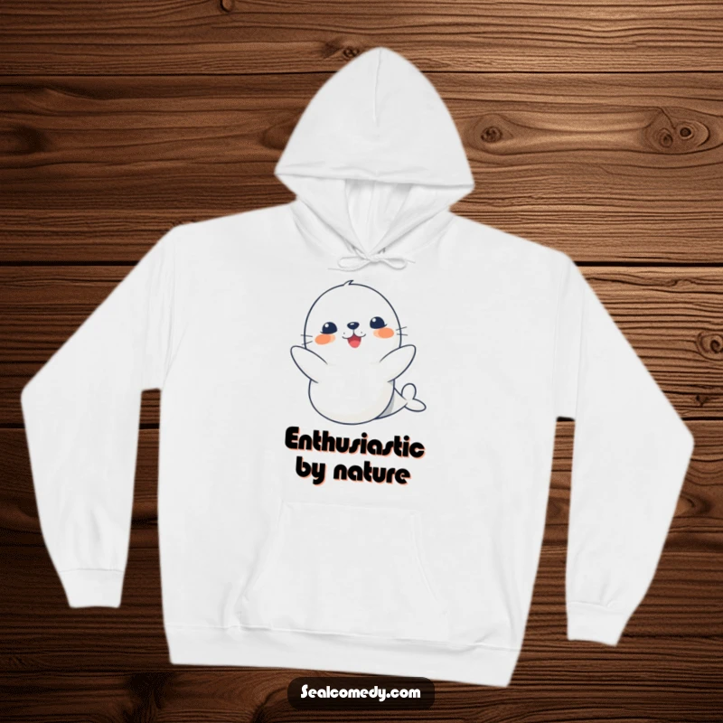 Funny cute seal hoodie, showing a happy clapping seal, perfect for staying warm and spreading joy.