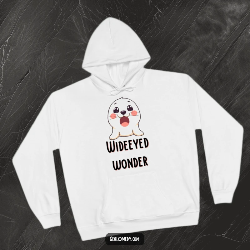Funny hoodie with an excited seal showcasing large, innocent eyes, exuding a sense of wonder and happiness.