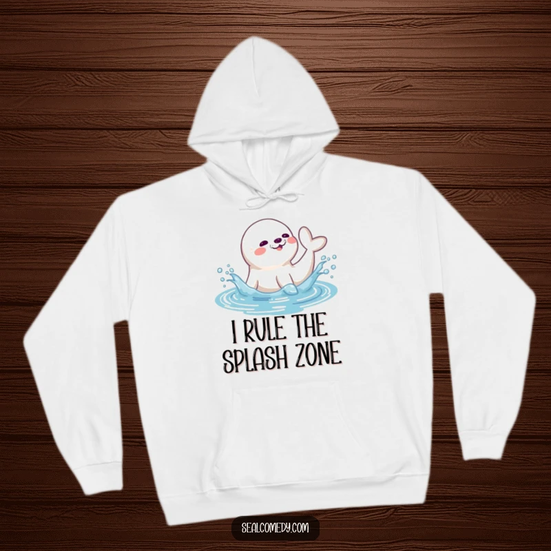 Funny seal hoodie showcasing a playful seal splashing water with its tail, providing warmth and a touch of aquatic humor.