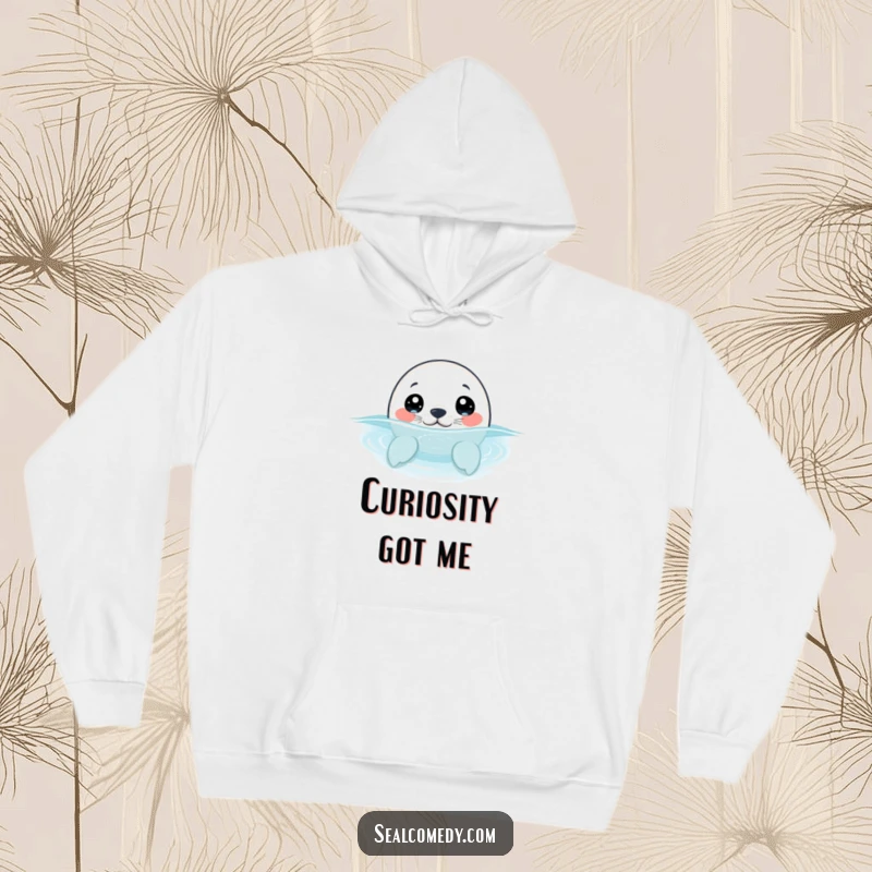 Funny seal pup with wide, curious eyes, peeking its head out of the water, featured on a warm and cozy hoodie.