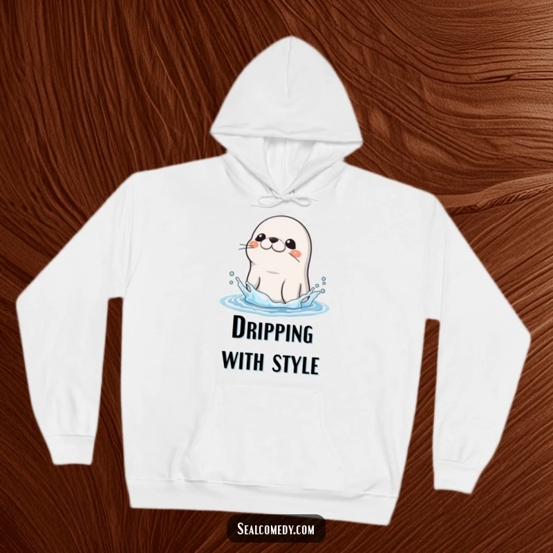 Funny Seal Hoodie: A slick-furred seal shakes water off its head, showcasing a humorous and refreshing scene. Cozy and funny gift.