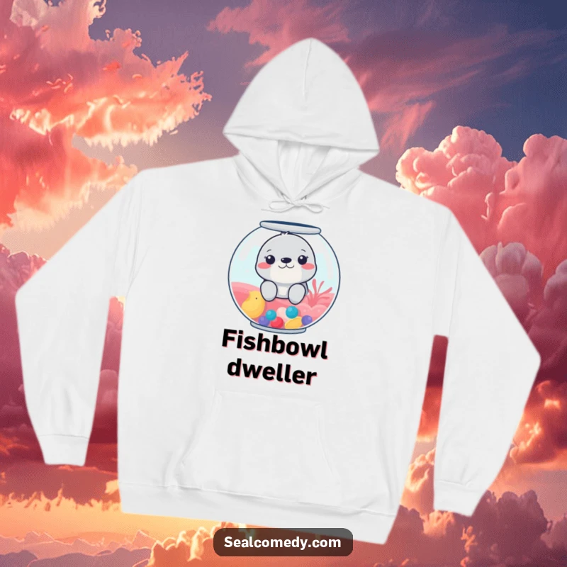 Funny hoodie featuring a seal peeking out from a vibrant fishbowl, blending comfort with underwater humor.