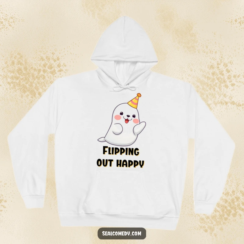 Funny seal with a tiny party hat on its head, clapping its flippers together with pure joy.