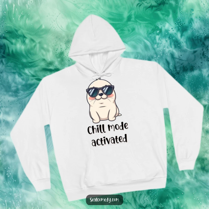Funny seal hoodie wearing tiny sunglasses, looking cool and relaxed, a chill marine mammal with awesome shades.