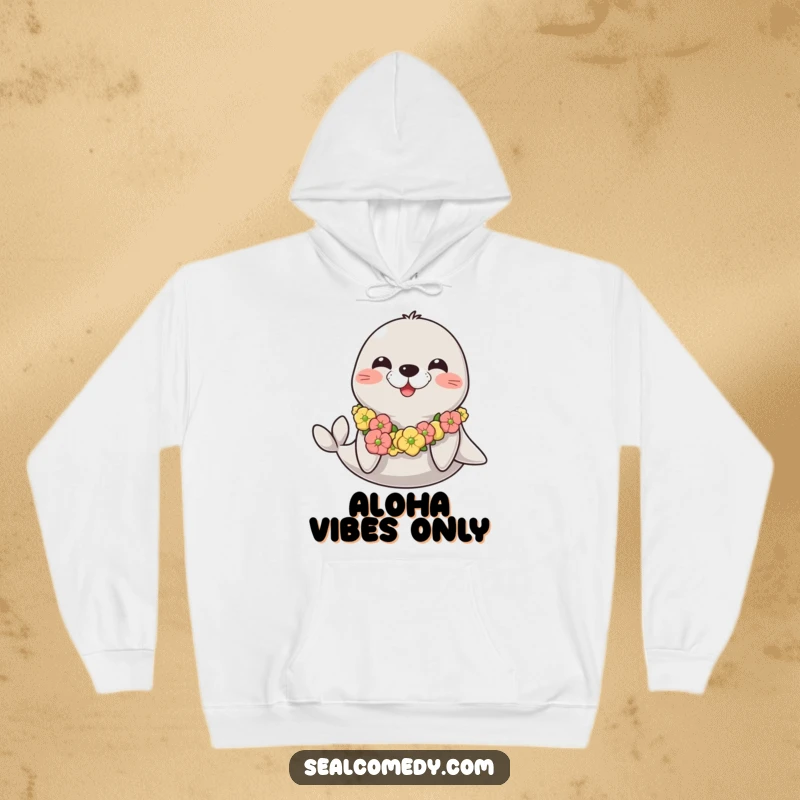 Funny happy seal hoodie with a seaweed lei, offering warmth and a symbol of pure, unadulterated seal happiness.