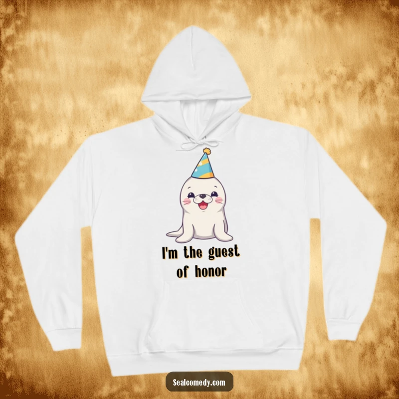 Funny hoodie illustrating a seal wearing a party hat and honking merrily, conveying a sense of festive joy and warmth.